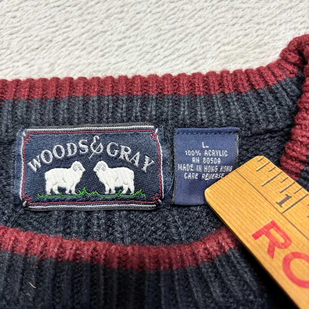 Vintage Woods & Gray Sweater Mens Large Cable Knit Navy Blue Burgundy Trim